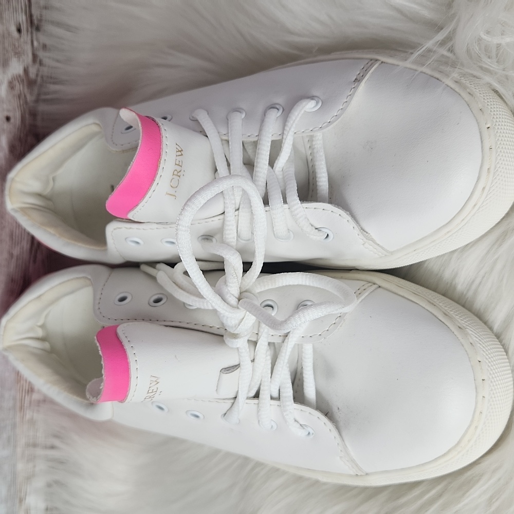 J. Crew, women's white with pink sneakers. Hardly used. Leather Flocking, Sz 7.5